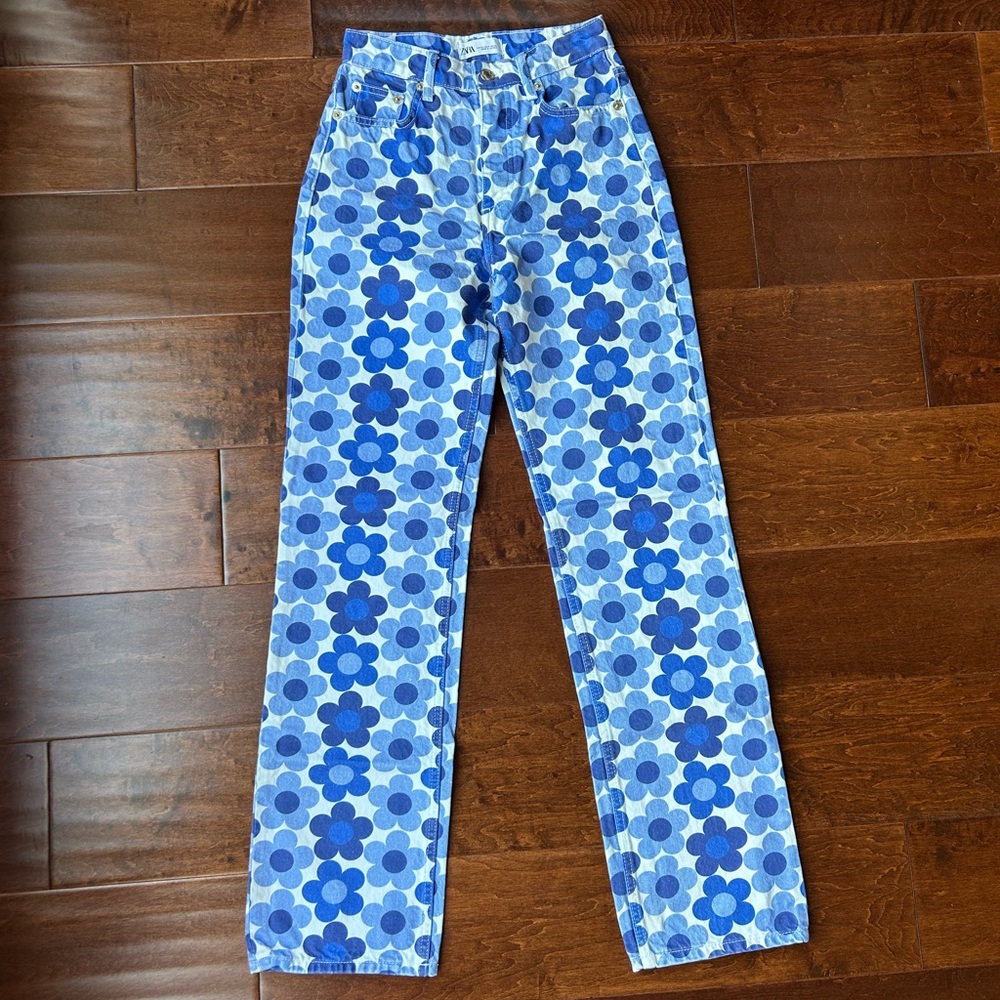 ZARA Floral Print Straight Leg Full Length Jeans